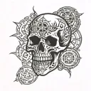 skull, text "metal is religion", pagan symbols, theme music metal, hard rock, power metal, symphonic metal,panta tattoo design idea