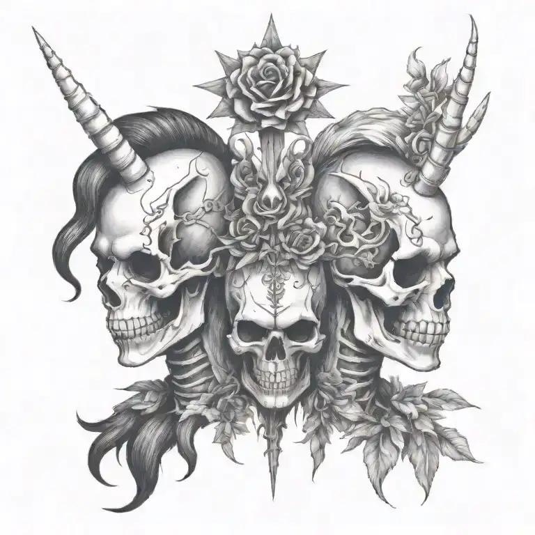 totem skuls facing different ways on top of each other. 1 is a punk rocker 2 has flowers and 3  has unicorn horn tattoo design idea