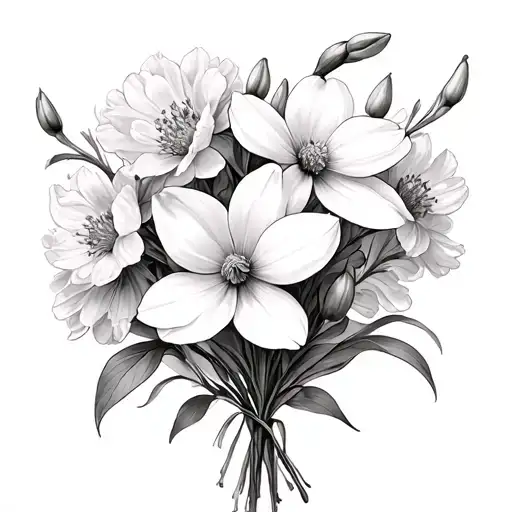 snowdrop flower, daffodil, cherry blossom, peony, marigold, cosmos flower bouquet tattoo design idea