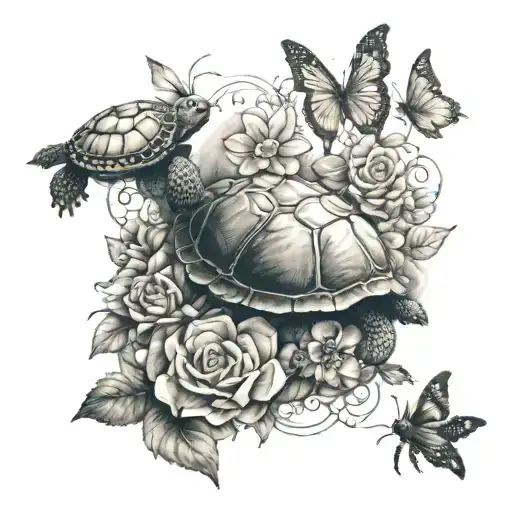 create a earthy atmosphere tattoo for a female somehow including flowers, butterflies and or turtles  tattoo design idea