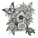 create a earthy atmosphere tattoo for a female somehow including flowers, butterflies and or turtles  tattoo design idea