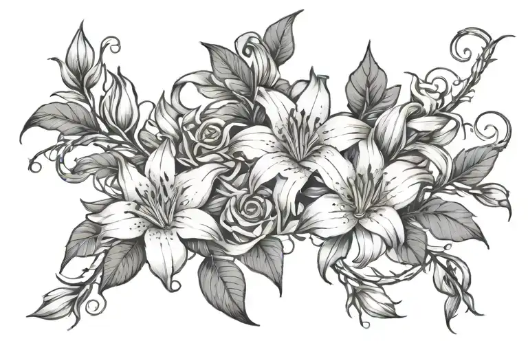 a vine of small lilies and roses with barbed wire  tattoo design idea