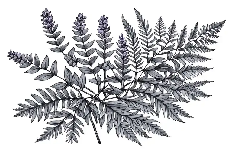 Lavender sprig eucalyptus leaves and fern leaf tattoo design idea