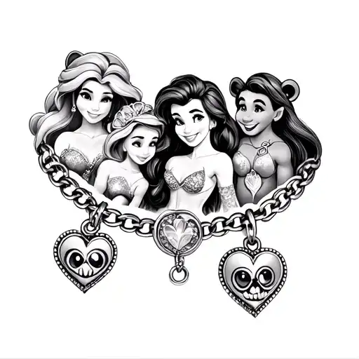disney tattoo with pixie dust, rapunzle, ariel, pooh bear, baby simba, and stitch - charm bracelet style tattoo design idea