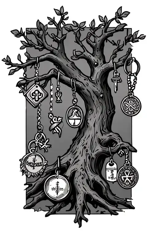 one branch of a tree with different luck charms hanging form the rigs of the branch. side ways.   tattoo design idea