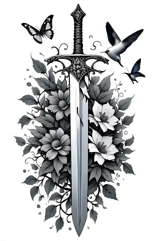 A sword that is broken up and has vines flowers, butterflies, hummingbird wrapping around it with leafs in wind tattoo design idea