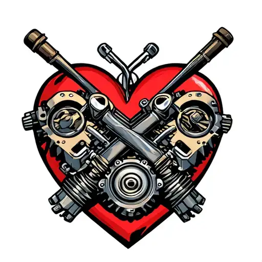 The heart is crossed with the engine from Harley Davidson Cilinder in the context of the camshaft camshack tattoo design idea