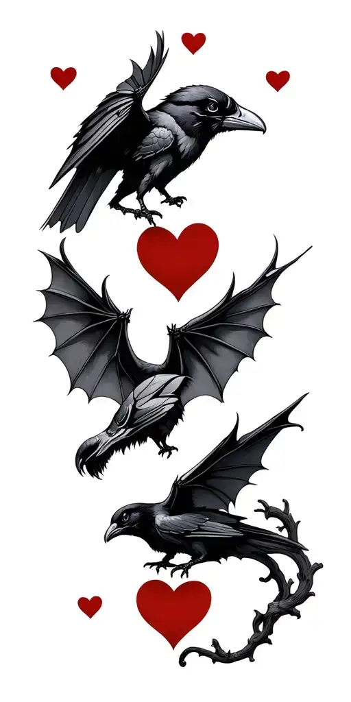 ravens and bats with red hearts tattoo design idea