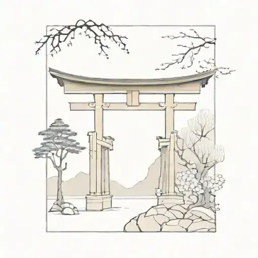 torii gate with Shinto shrine minimalistic tattoo  tattoo design idea