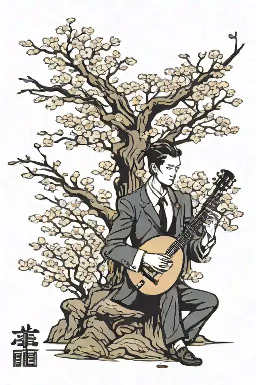 A businessman silhouette playing an Oud under a cherry blossom tree tattoo design idea