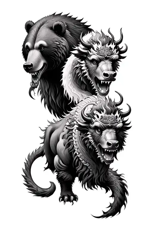 Forearm sleeve, three separate animals, a bear, a chinese dragon and a bison tattoo design idea
