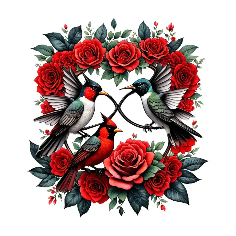 infinity symbol intertwined hummingbird and cardinal with rose tattoo design idea
