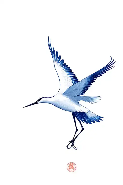 Blue porcelain crane bird flying tattoo design idea