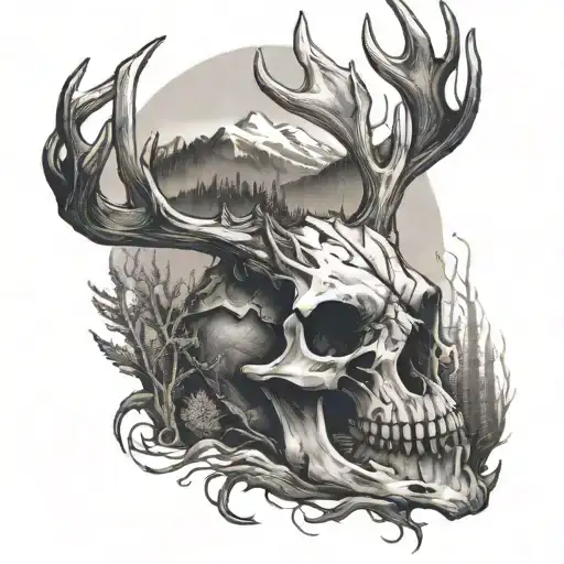 mountains with a forest and a river and a deer skull tattoo design idea