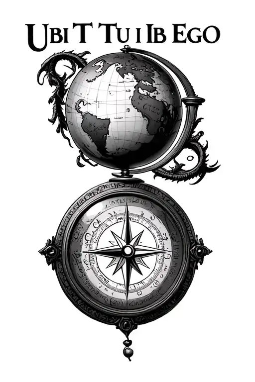 "Ubi Tu Ibi Ego" antique globe with Latin inscriptions and subtle sea monsters. Below and to the side, an ornate old compass with a detai tattoo design idea