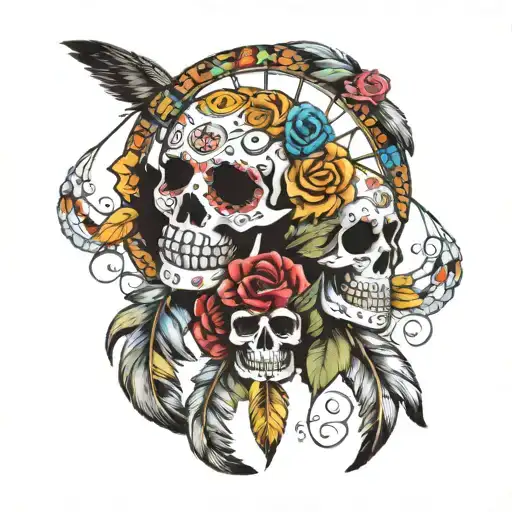 sugar skulls around a dreamcatcher with feathers and rainbow colored roses tattoo design idea