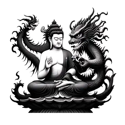 buddha and dragon and wu kong playing together tattoo design idea
