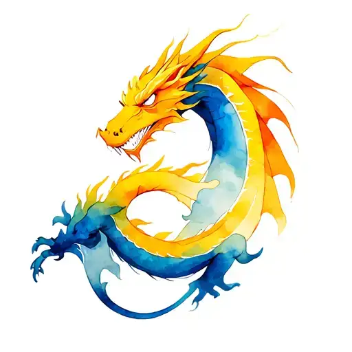 inkbrush blue yellow white dragon tattoo design idea