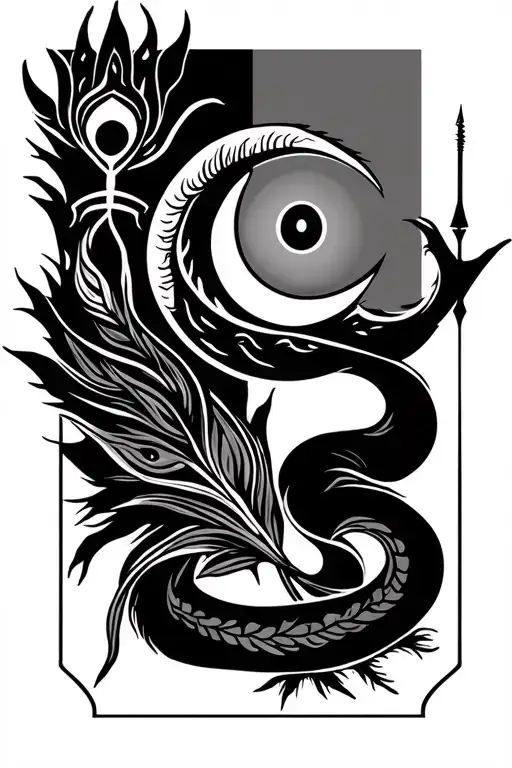 Shiva's trishul, third eye, cresent moon, snake. Krishna's flute, peacock feather and karna's sun symbol with arrow tattoo design idea