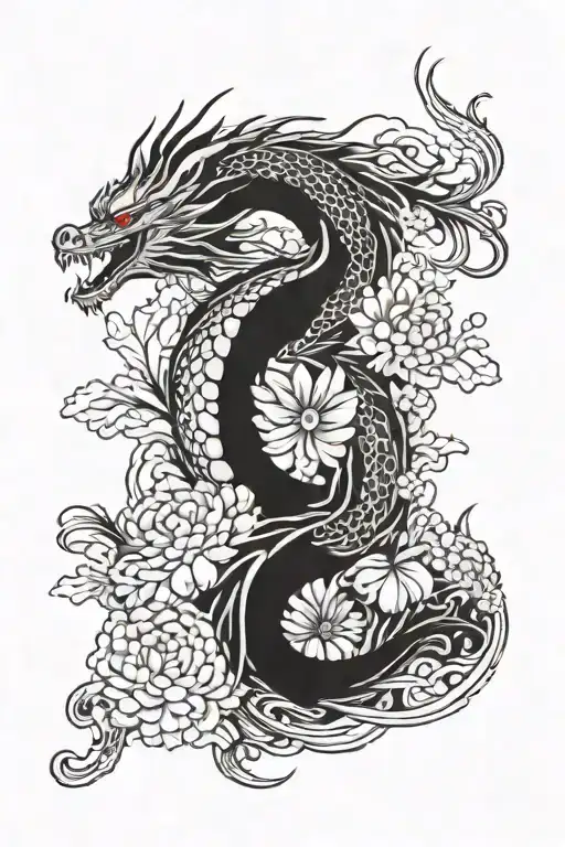 Arm sleeve tattoo featuring japanese dragaon and japanese chrysanthemum flowers  tattoo design idea