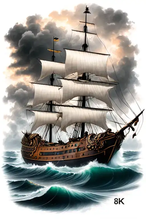 black Pearl pirate ship sailing through stormy tattoo design idea