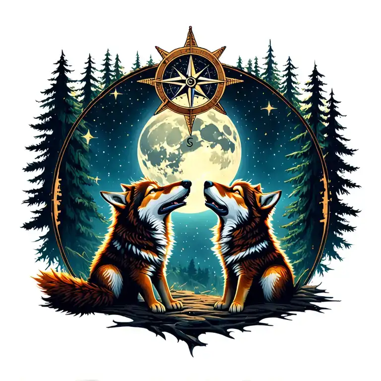 two sad wolf cubs in a forest, howling at a full moon surrounded by stars with a nautical compass above.  tattoo design idea