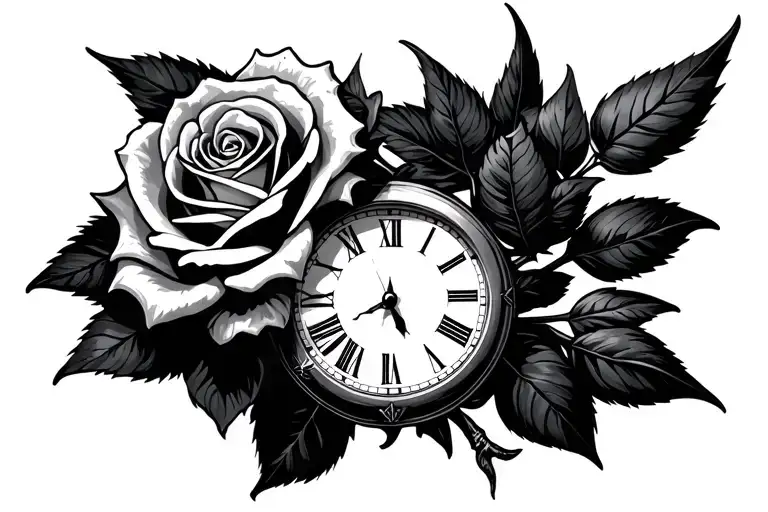 rose, clock face, raven skull tattoo design idea