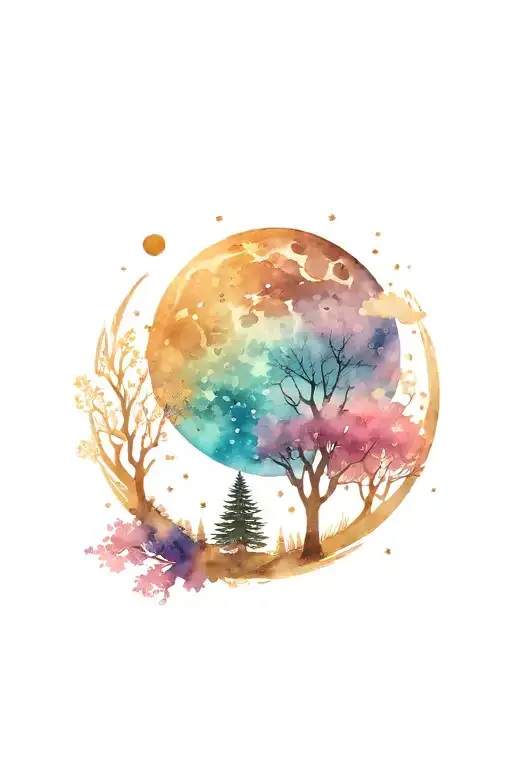 night sky, moon, trees, and stsrs tattoo design idea