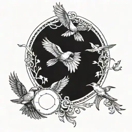 8-10 birds flying in vertical line. the one at the top is slightly larger and they get smaller the lower they go down tattoo design idea