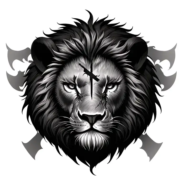 Realistic lion head with a cross scar over his eye. Make it aggressive. Add a badger somewhere in the tattoo. Give it ch tattoo design idea