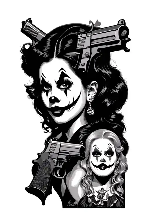 chicana woman with clown face 3 different expressions no hear no see no talk with guns and background  tattoo design idea