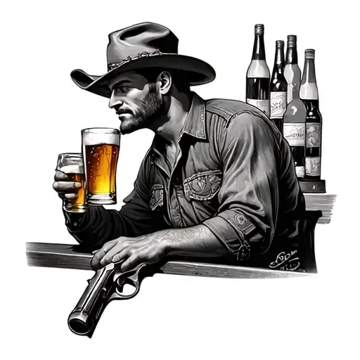 black and grey smooth shading of a western style cowboy sitting at the bar drinking beer with a gun on his hip  tattoo design idea