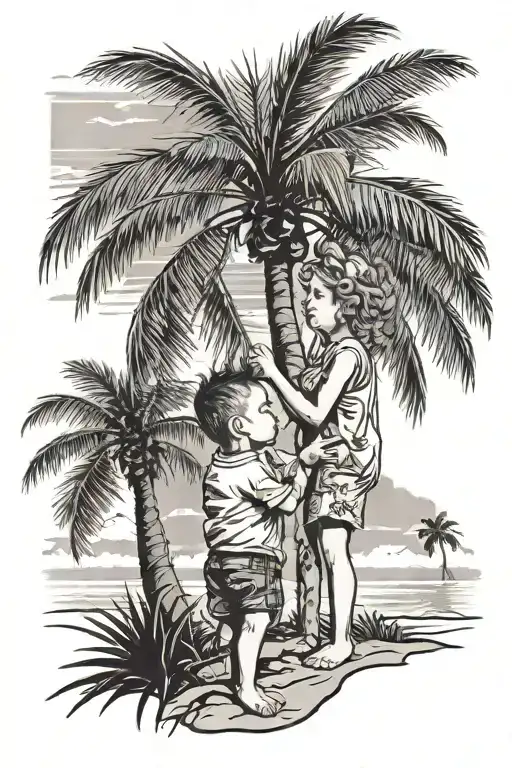 a mom and toddler son looking up at her on the beach with palms trees on the outside of them with a sunny background tattoo design idea