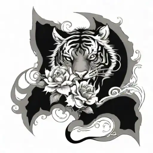 half tiger half dragon with flowers tattoo design idea