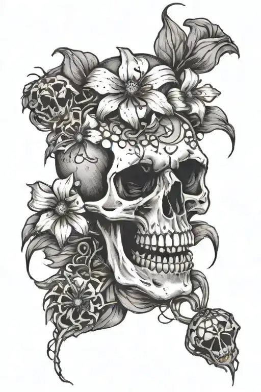 skull puking flowers with spiders hanging tattoo design idea