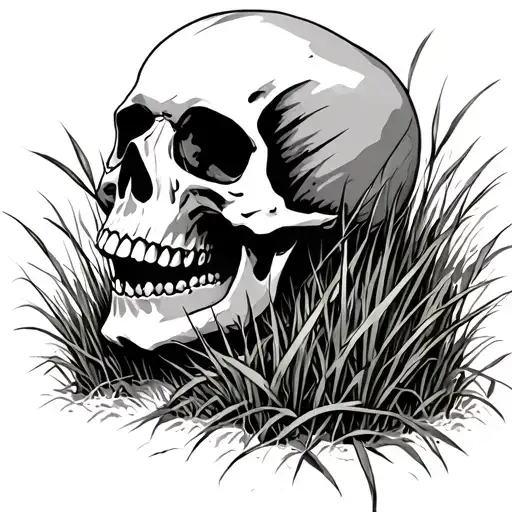 deteriorating skull in tall grass tattoo design idea