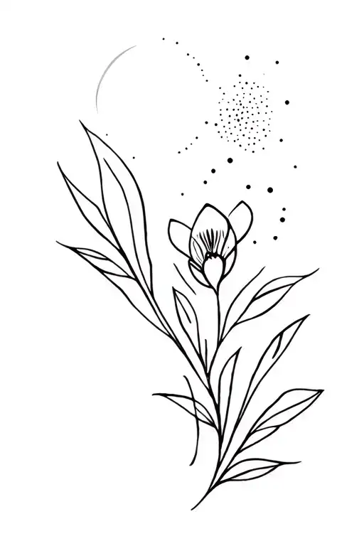 lines,crocus,moon,leafs, dots tattoo design idea