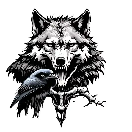 A wolf with a wild, powerful look. The wolf's lower part is depicted as a skull with fine bones. A tree holding a raven  tattoo design idea