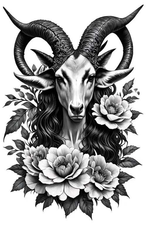 baphomet Capricorn flowers tattoo design idea