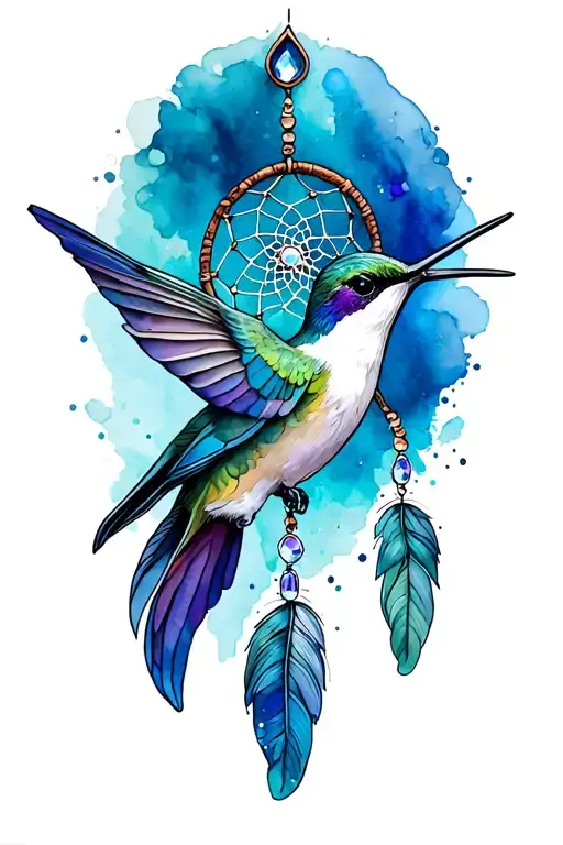 Hummingbird with dreamcatcher hanging tail becomes birthstones  tattoo design idea