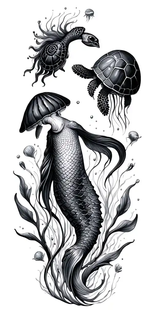 ocea, shells, under water, mermaid, turtle, jelly fish tattoo design idea