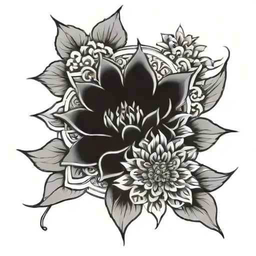 japanese flower and mandala behind it tattoo design idea