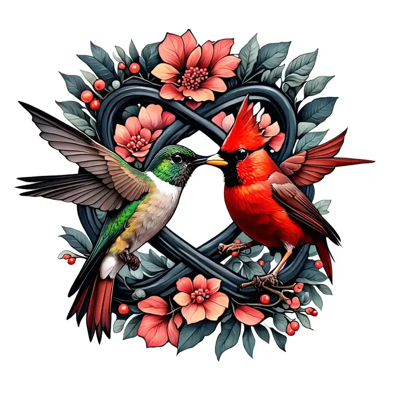 hummingbird and cardinal in infinity symbol made tattoo design idea