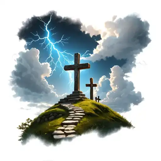 3 crosses on a hill with stone walk way winding down the hill dark sky on left side with blue lightning bright sunny sky tattoo design idea