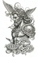Greek mythology half sleeve containi Zeus with lightening in his eyes, angels, doves, the virtruvian man, king chess pie tattoo design idea