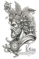 Greek mythology half sleeve containi Zeus with lightening in his eyes, angels, doves, the virtruvian man, king chess pie tattoo design idea