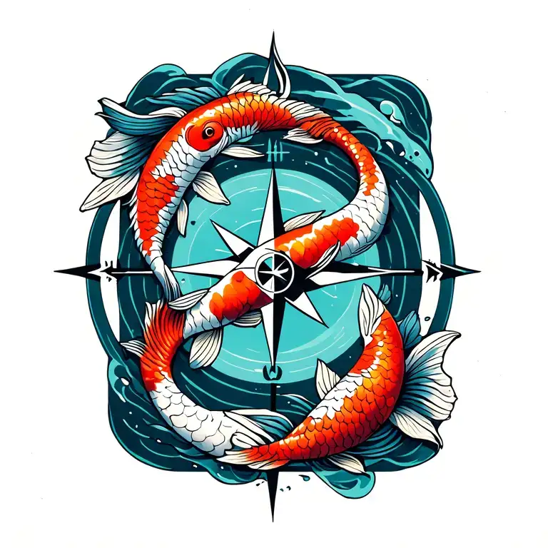 infinity symbol with koi fish and a compass through the middle tattoo design idea