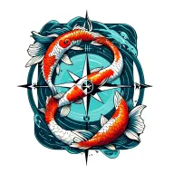 infinity symbol with koi fish and a compass through the middle tattoo design idea