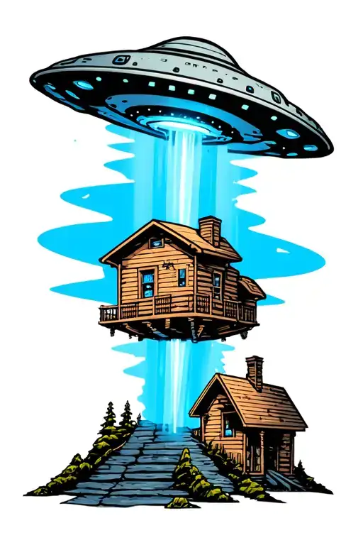 ufo with blue beam over cabin in the middle tattoo design idea