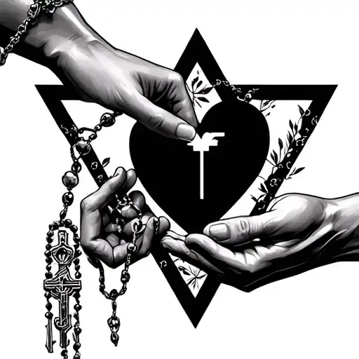hand holding like 🙏🏻making space in middle for love heart symbol and hand around rosary inside a equilateral triangle  tattoo design idea